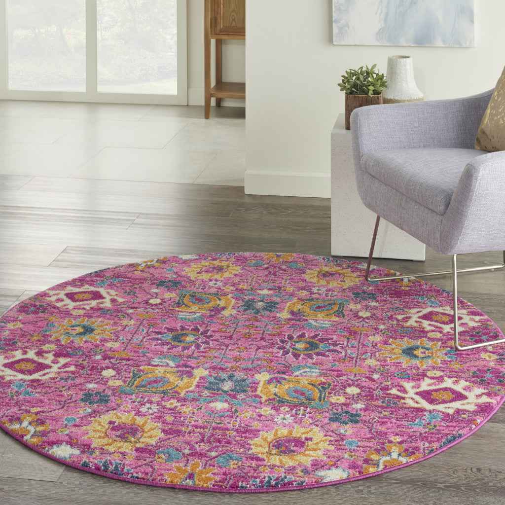 4' Pink Round Floral Power Loom Area Rug