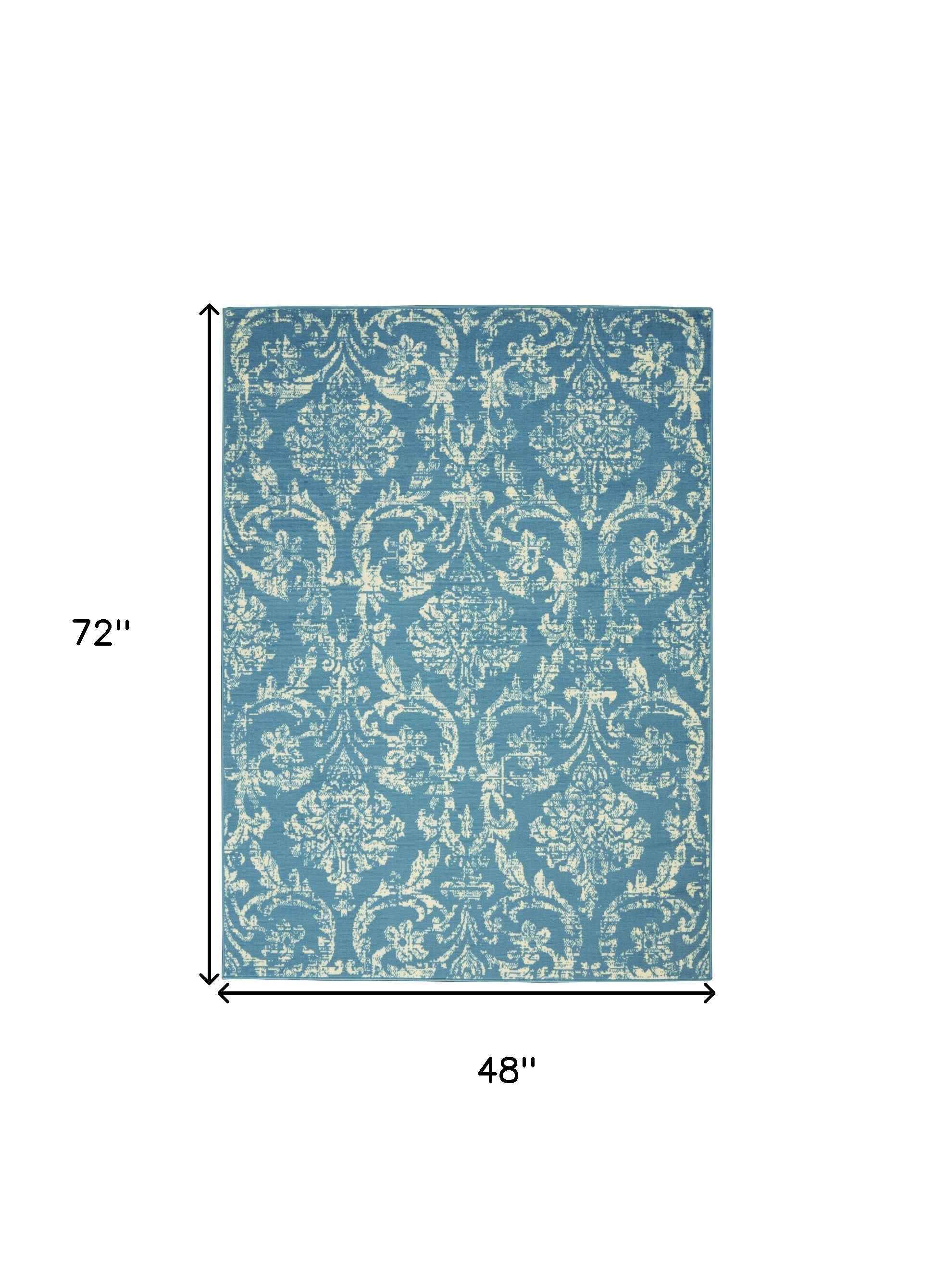 4' X 6' Blue Damask Power Loom Area Rug