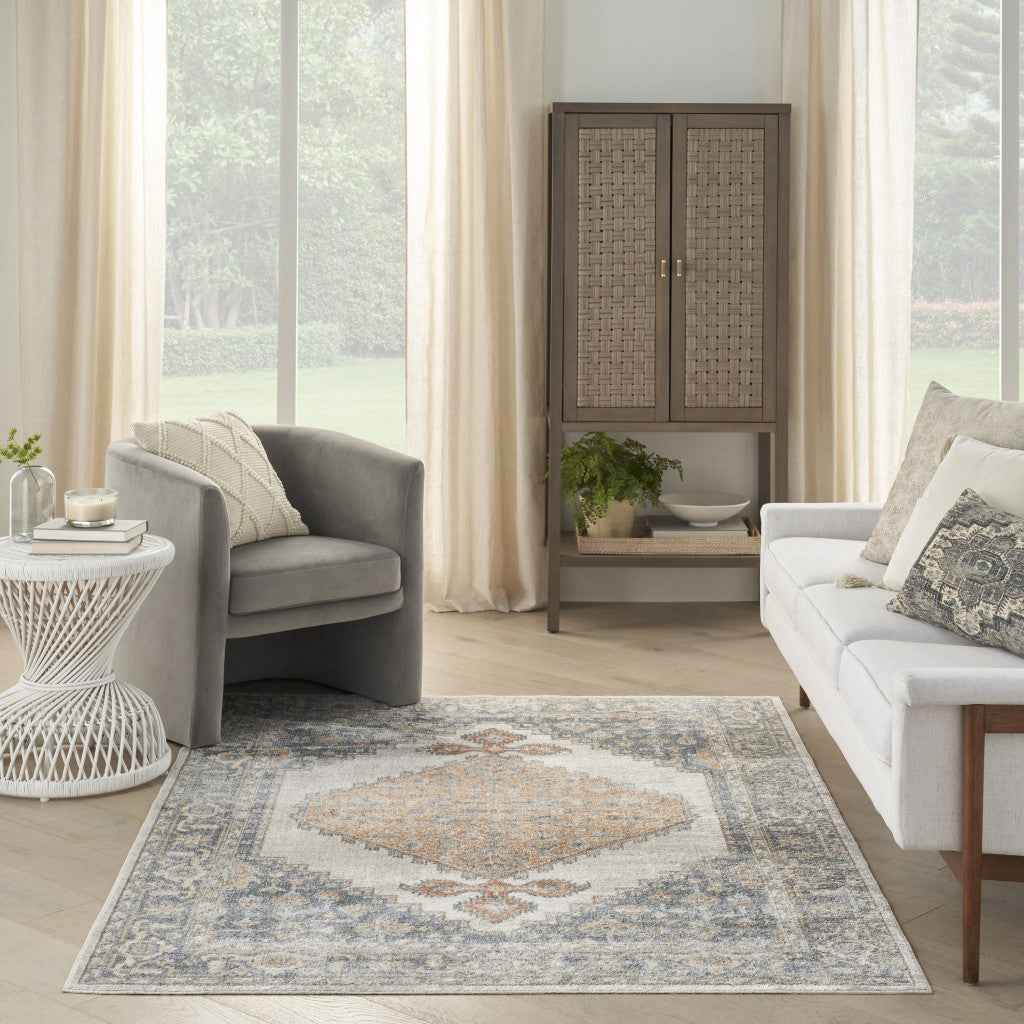 5' X 7' Gray Oriental Power Loom Distressed Washable Area Rug