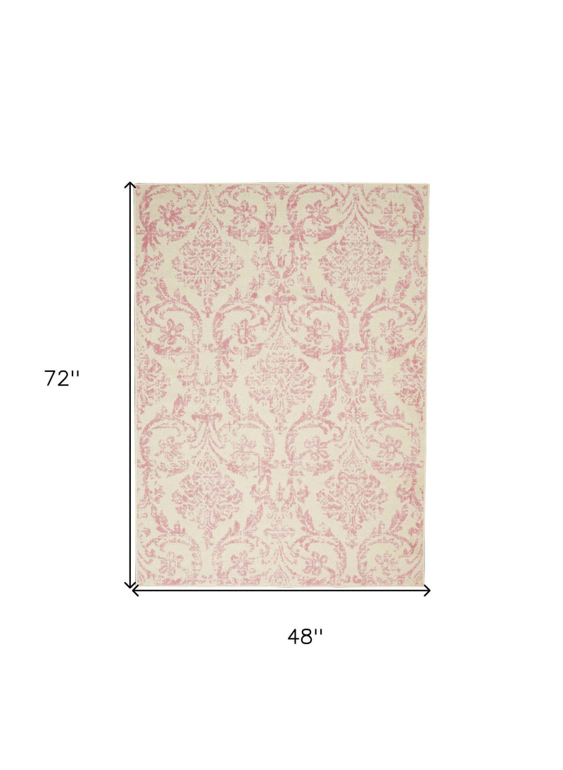 4' X 6' Cream Damask Power Loom Area Rug