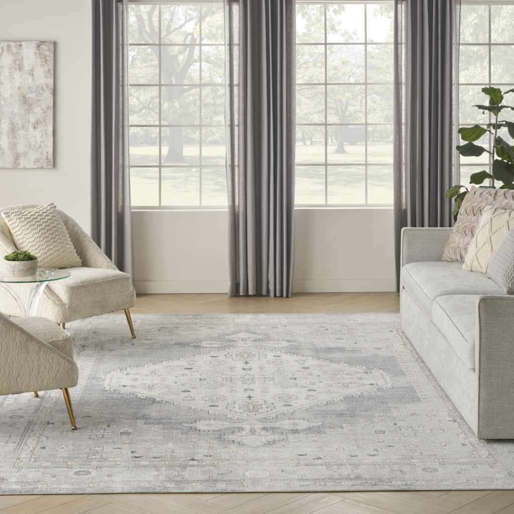 9' X 12' Light Blue Oriental Power Loom Distressed Area Rug