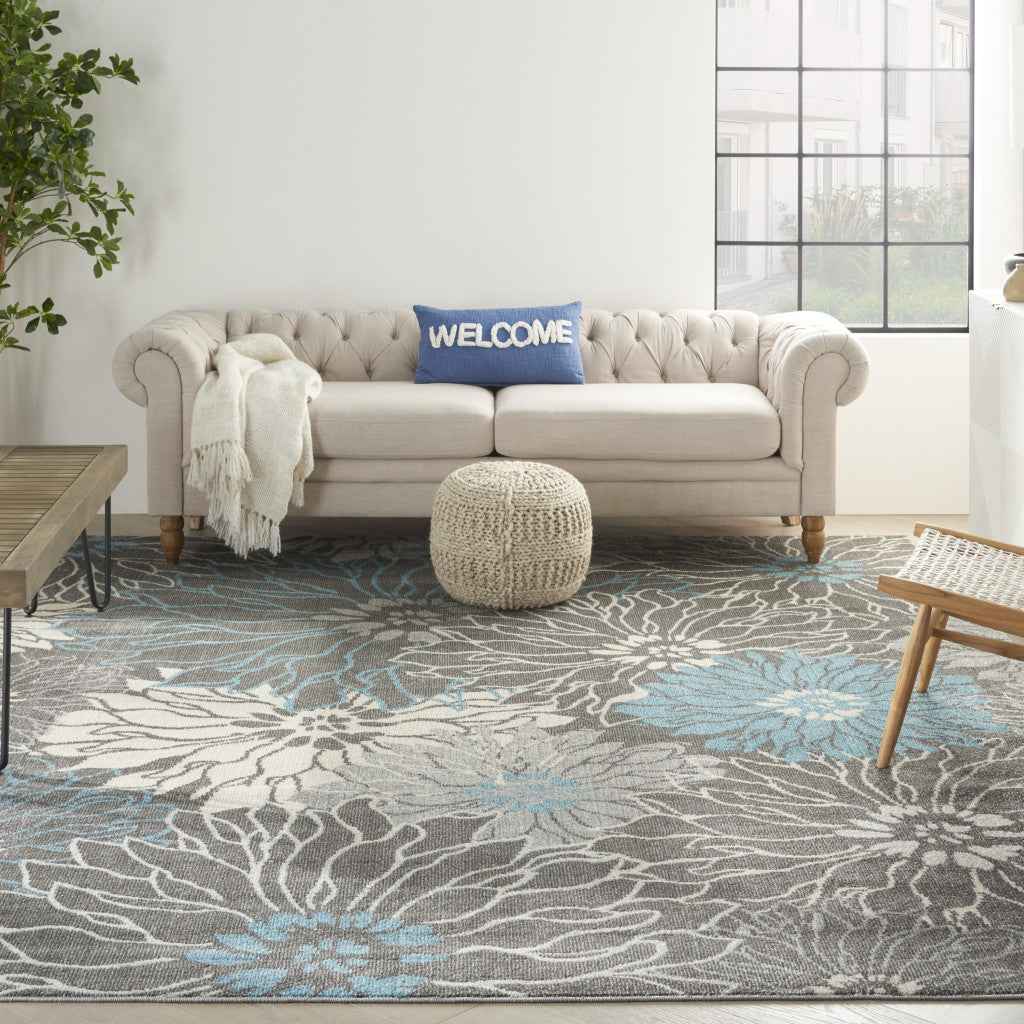 9' x 12' Charcoal Floral Power Loom Area Rug