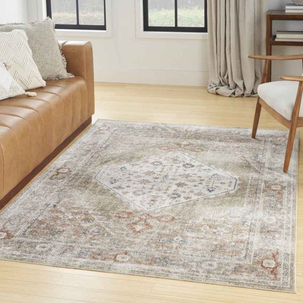 5' x 7' Sage Oriental Power Loom Distressed Washable Area Rug