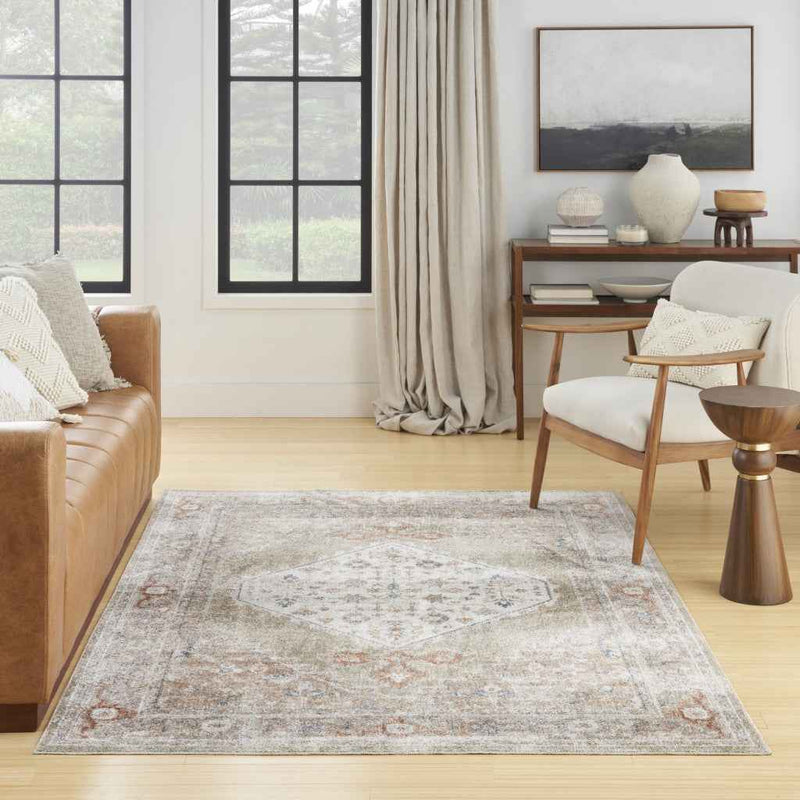 5' x 7' Sage Oriental Power Loom Distressed Washable Area Rug