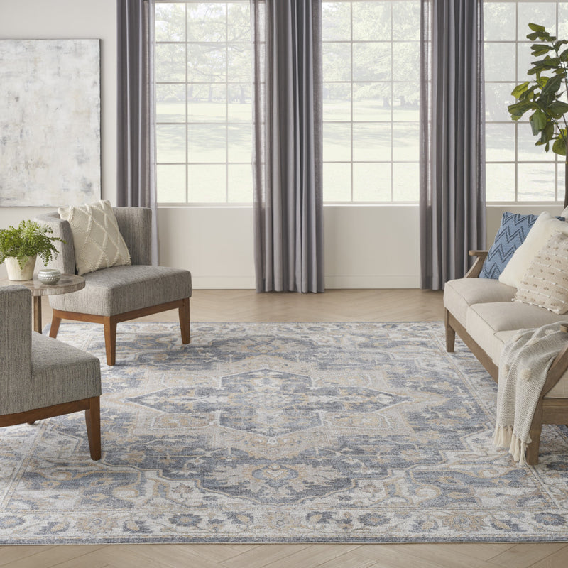 8' x 10' Gray and Blue Oriental Power Loom Washable Area Rug
