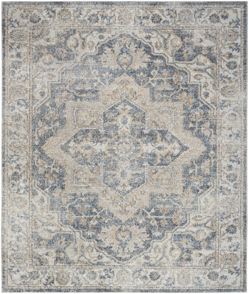 8' x 10' Gray and Blue Oriental Power Loom Washable Area Rug