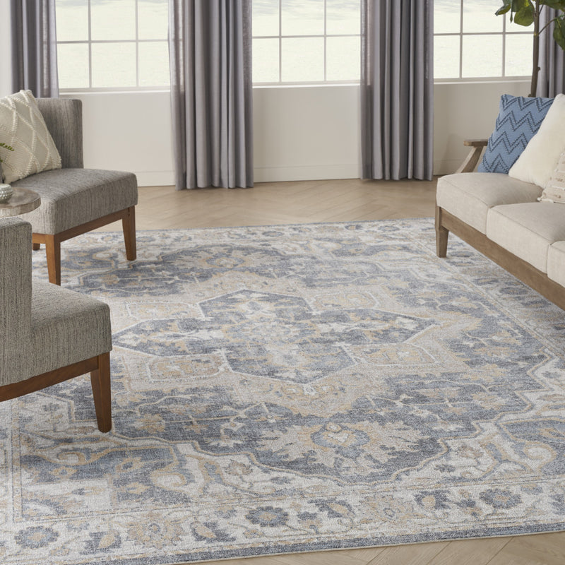 8' x 10' Gray and Blue Oriental Power Loom Washable Area Rug