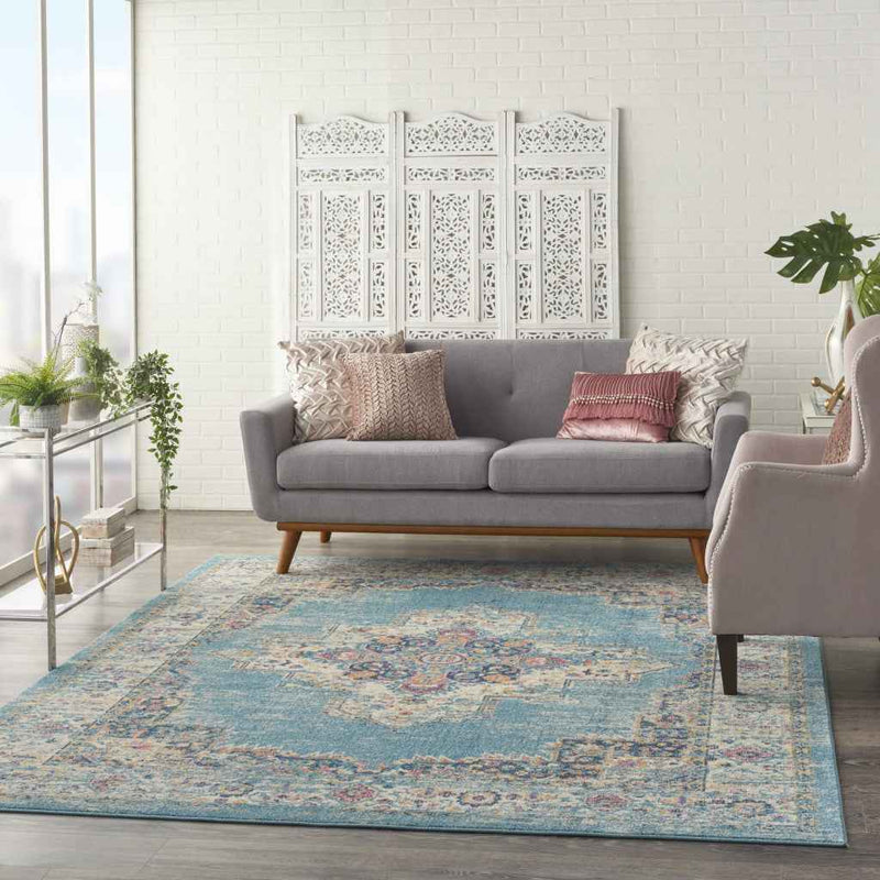 9' x 12' Light Blue Floral Power Loom Area Rug