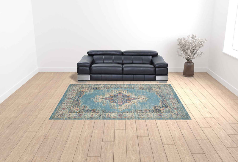9' x 12' Light Blue Floral Power Loom Area Rug