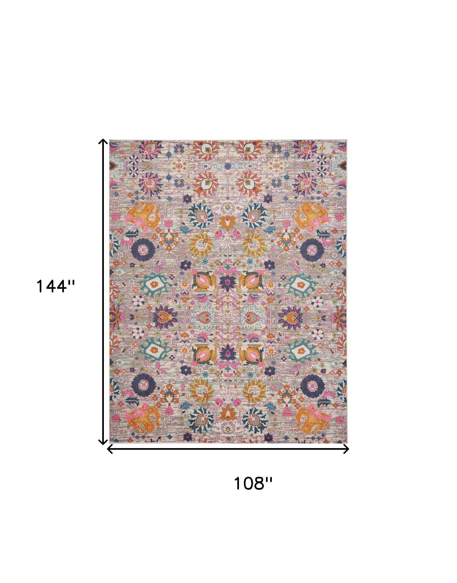 9' x 12' Gray Floral Power Loom Area Rug