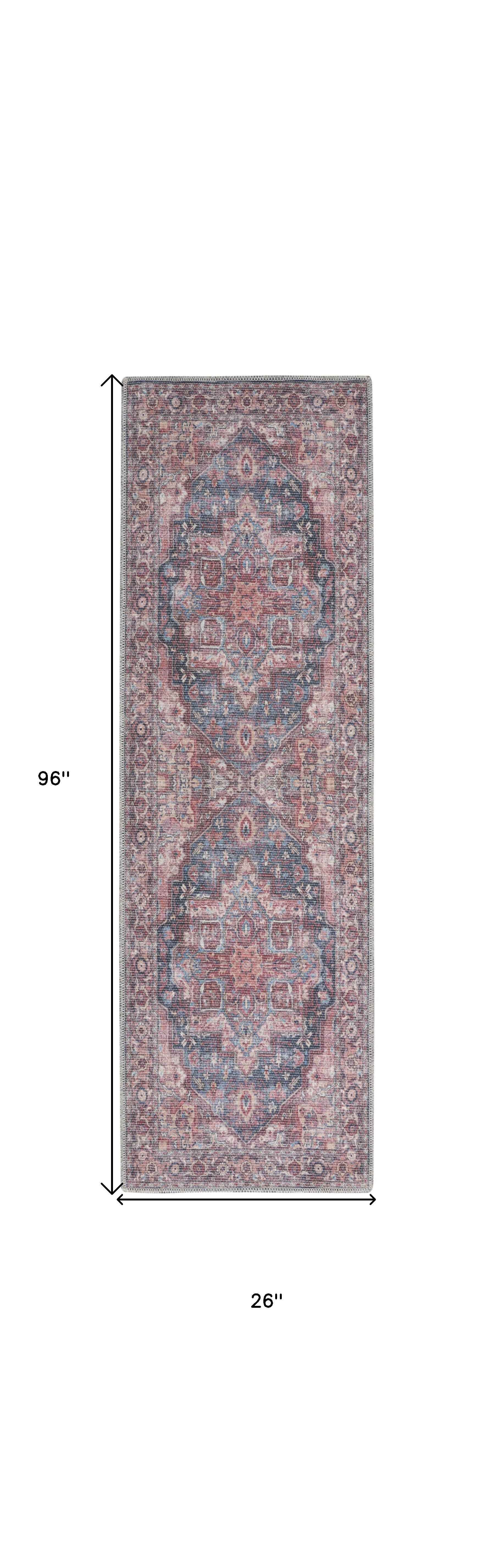 8' Red Floral Power Loom Distressed Washable Runner Rug