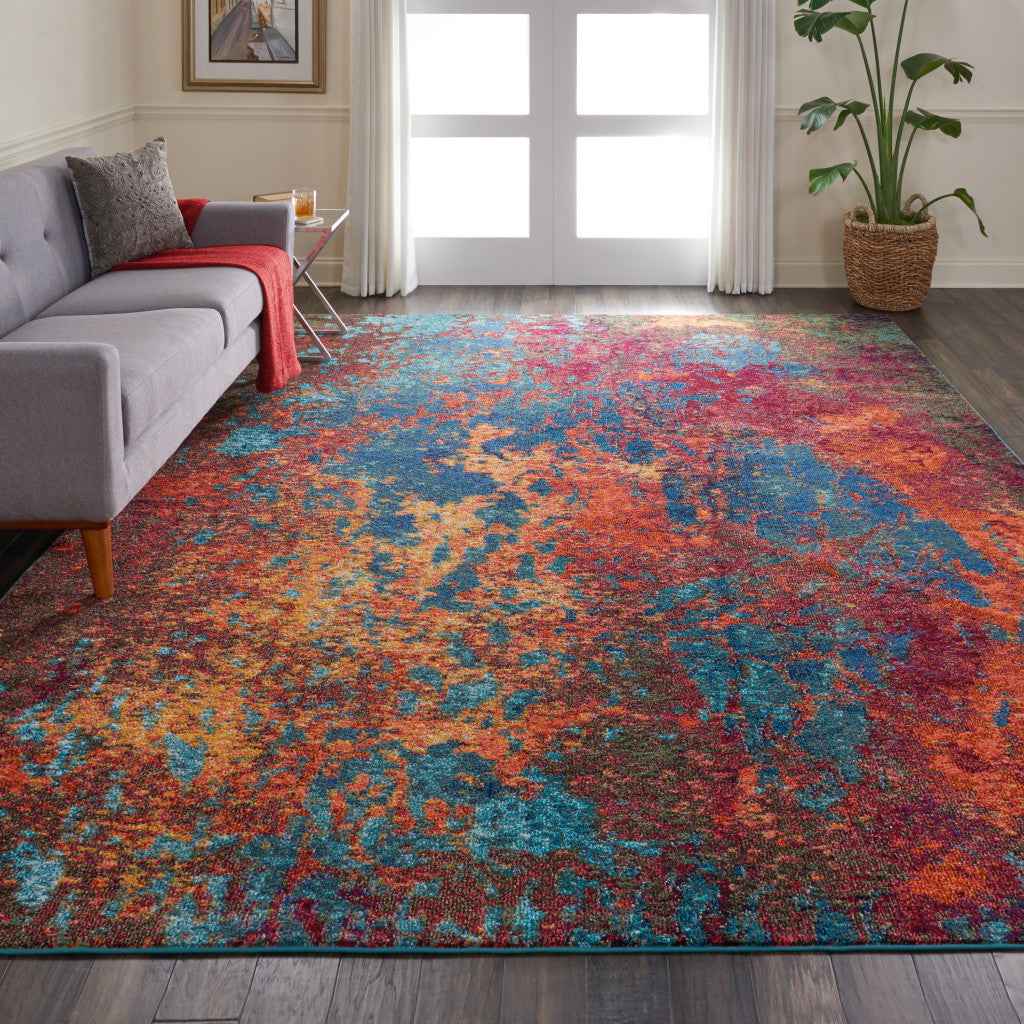 9' x 12' Blue and Orange Abstract Power Loom Area Rug