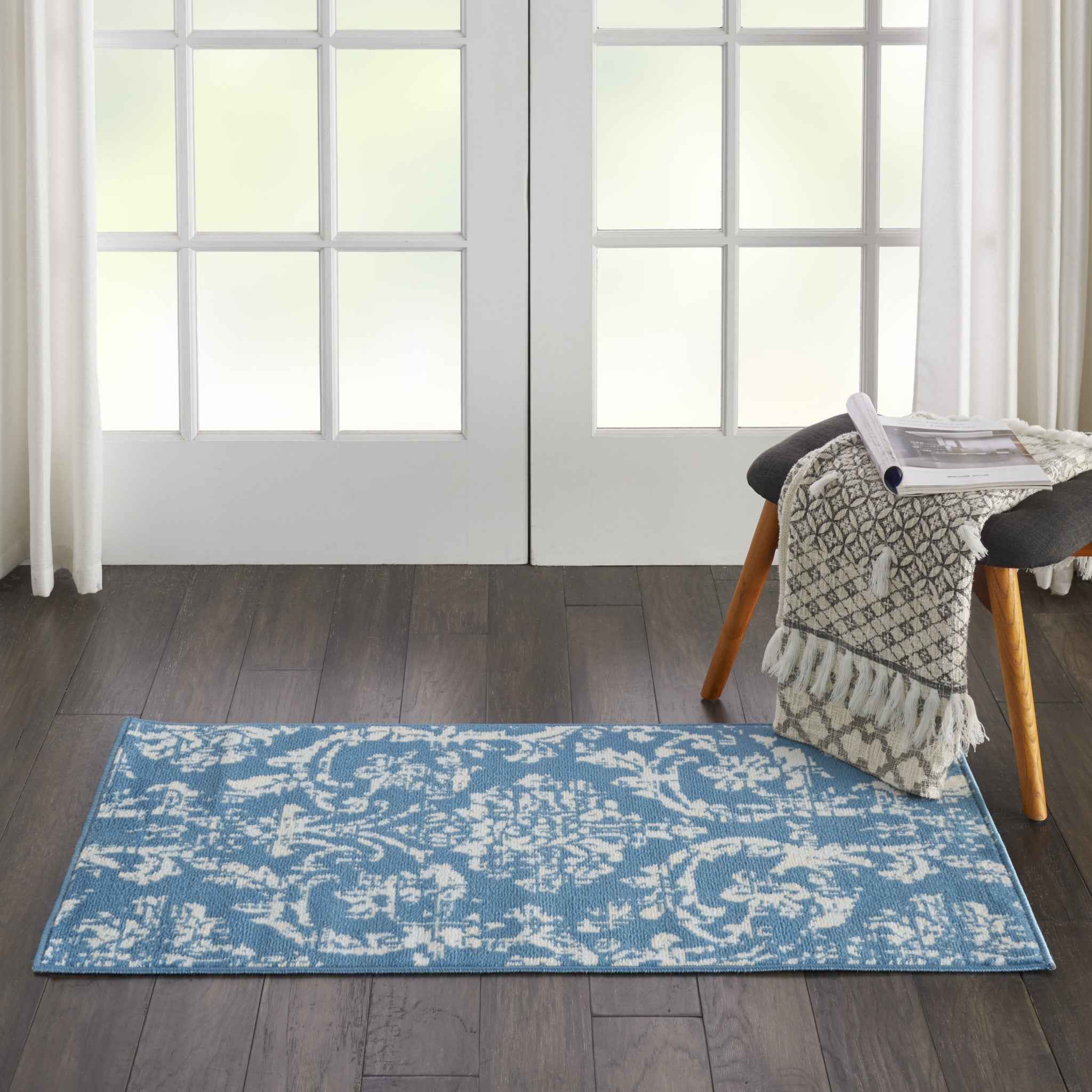 2' X 4' Blue Damask Power Loom Area Rug