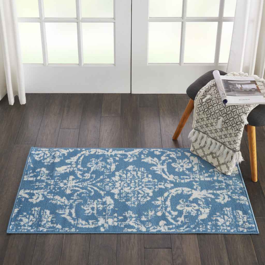 2' X 4' Blue Damask Power Loom Area Rug