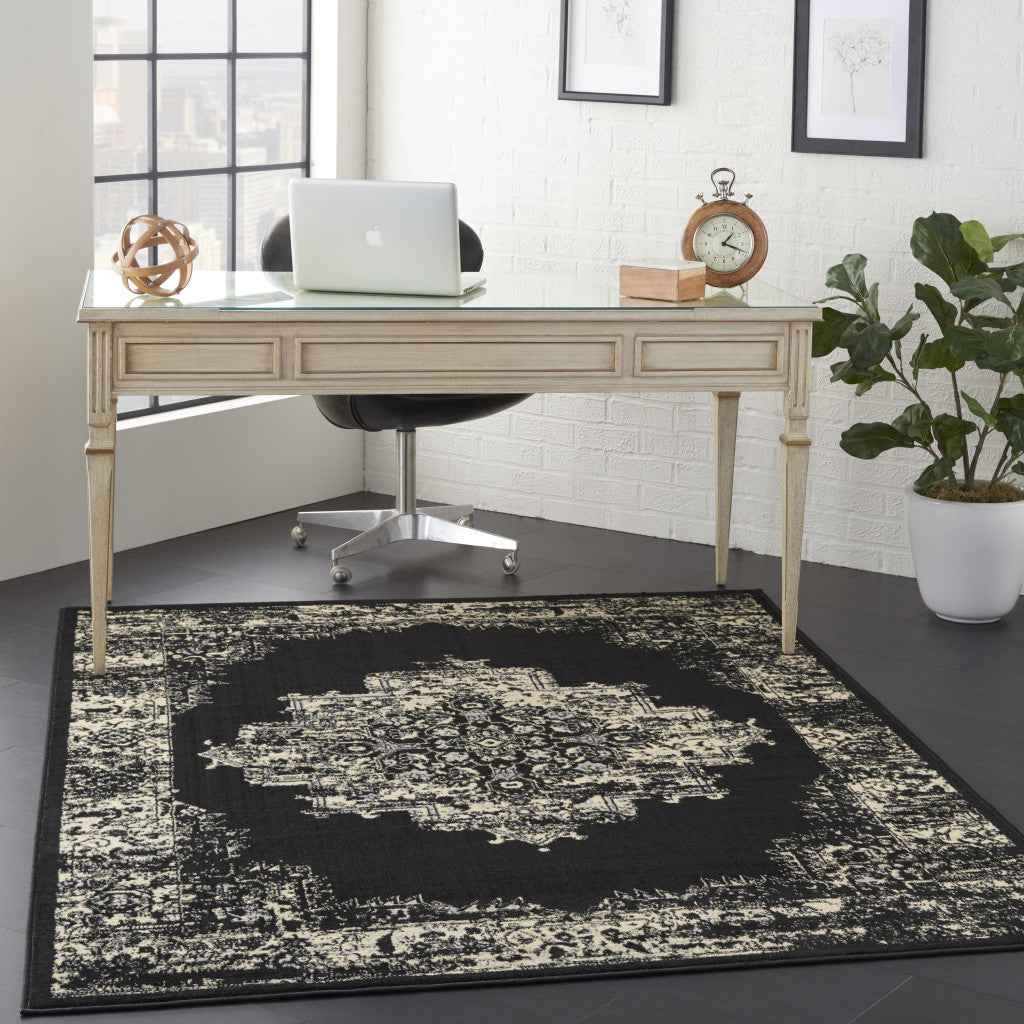 5' X 7' Cream Damask Power Loom Area Rug
