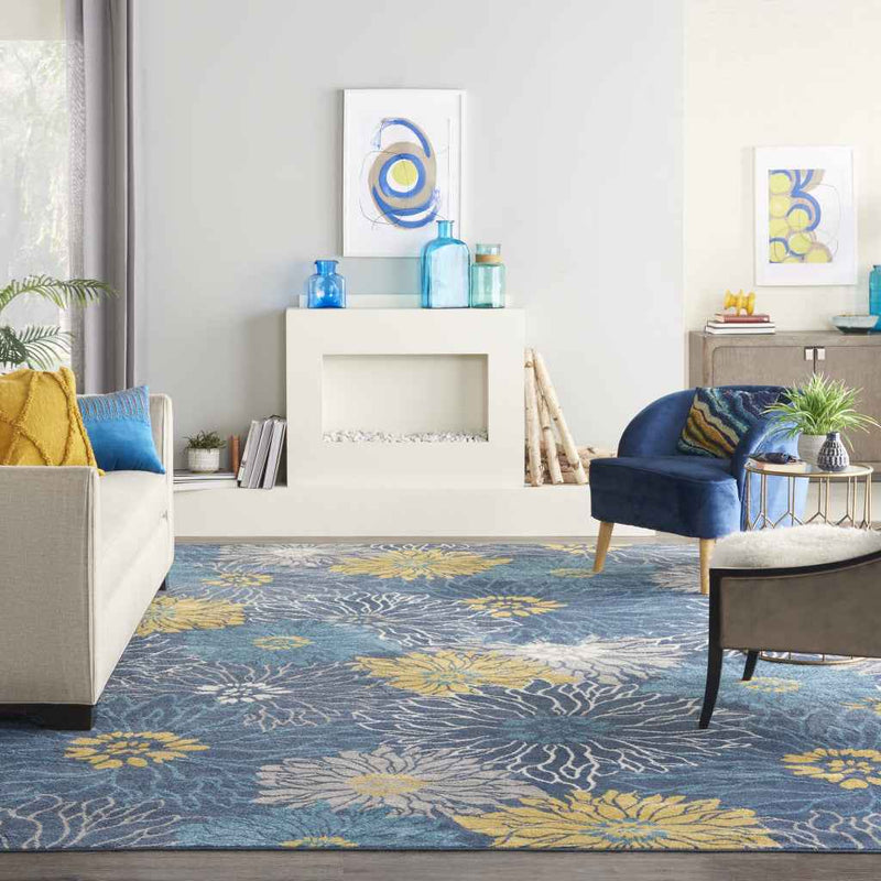 9' x 12' Navy Blue Floral Power Loom Area Rug