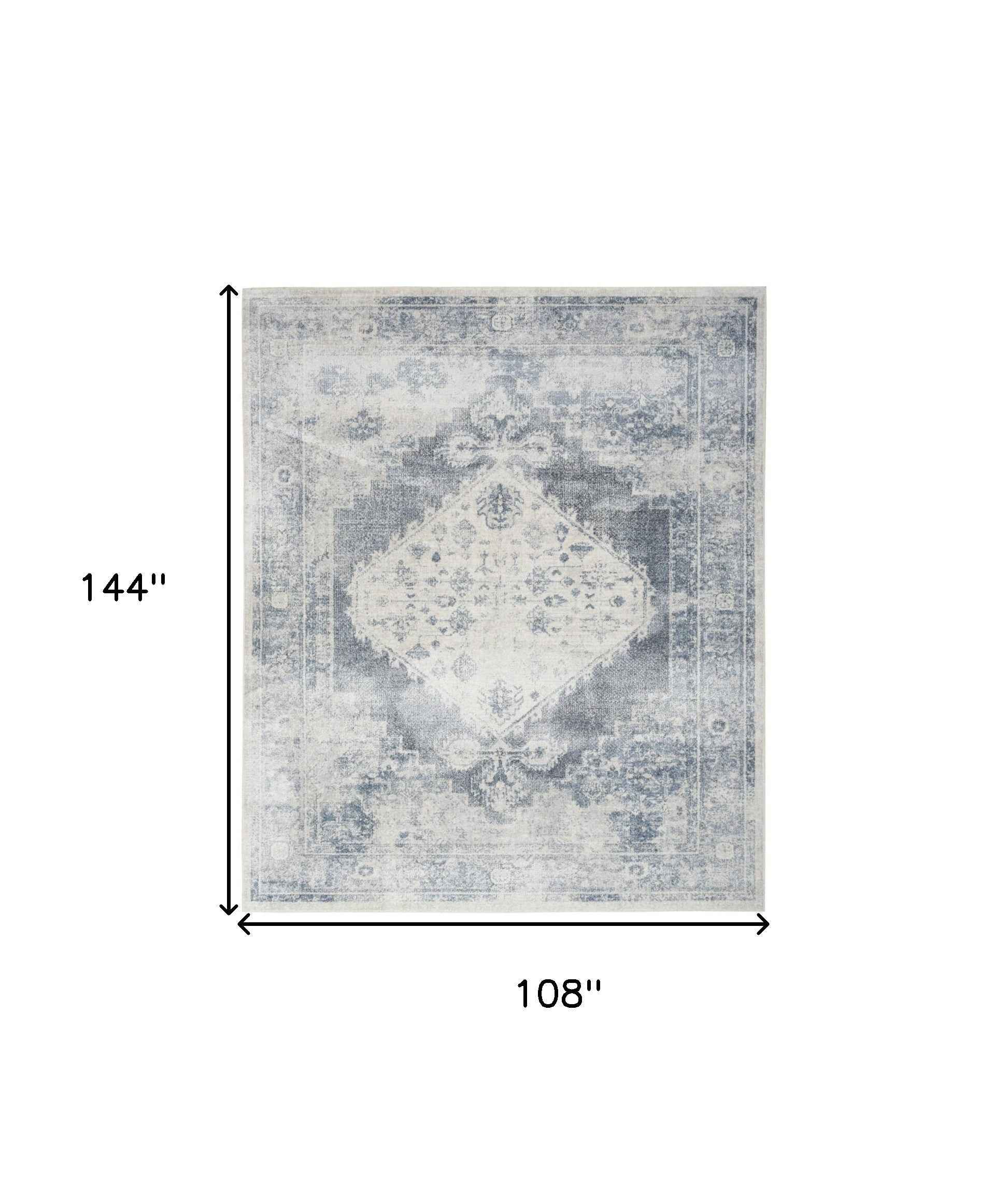 9' x 12' Blue and Ivory Oriental Power Loom Distressed Area Rug