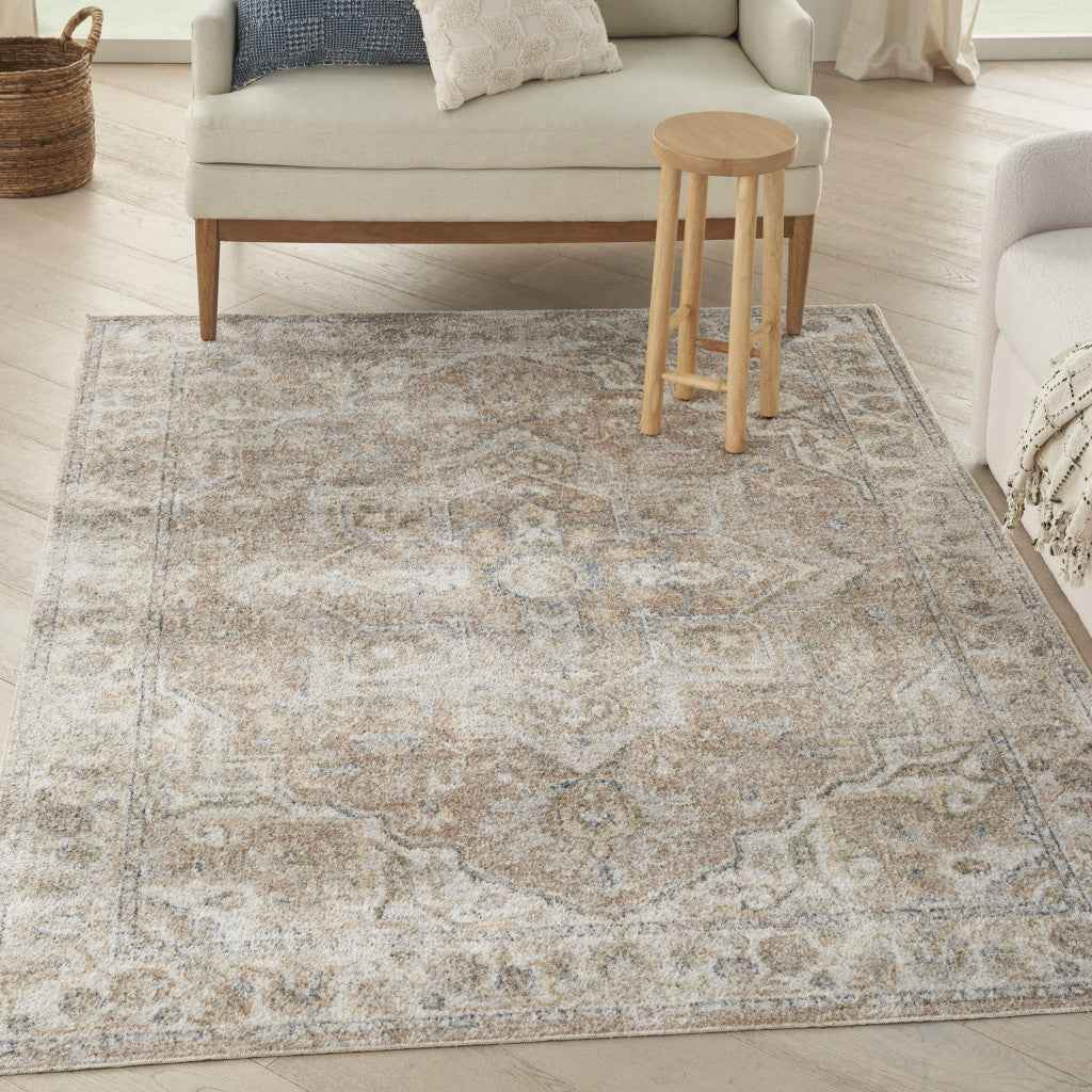 7' X 9' Beige Oriental Power Loom Washable Area Rug