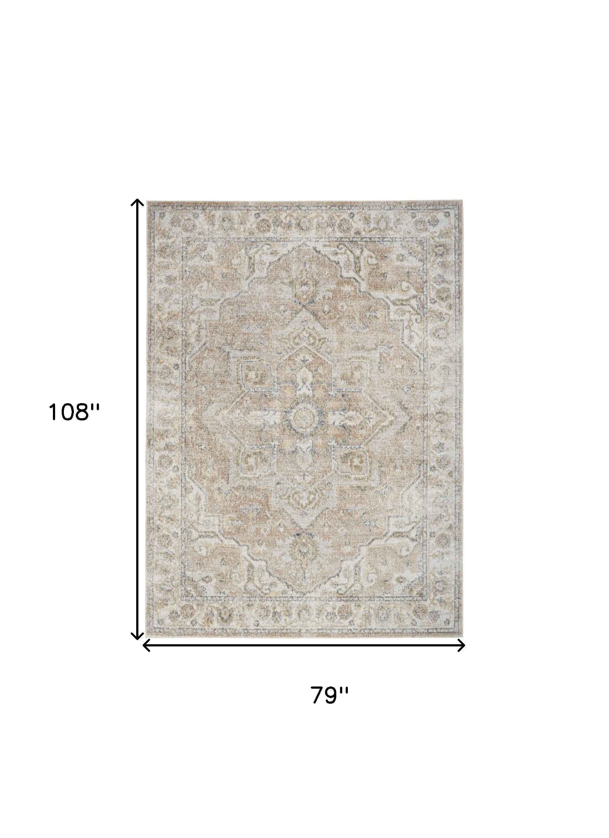 7' X 9' Beige Oriental Power Loom Washable Area Rug