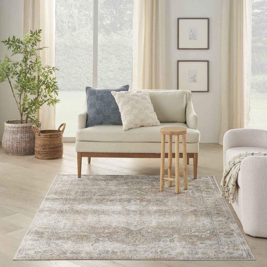7' X 9' Beige Oriental Power Loom Washable Area Rug