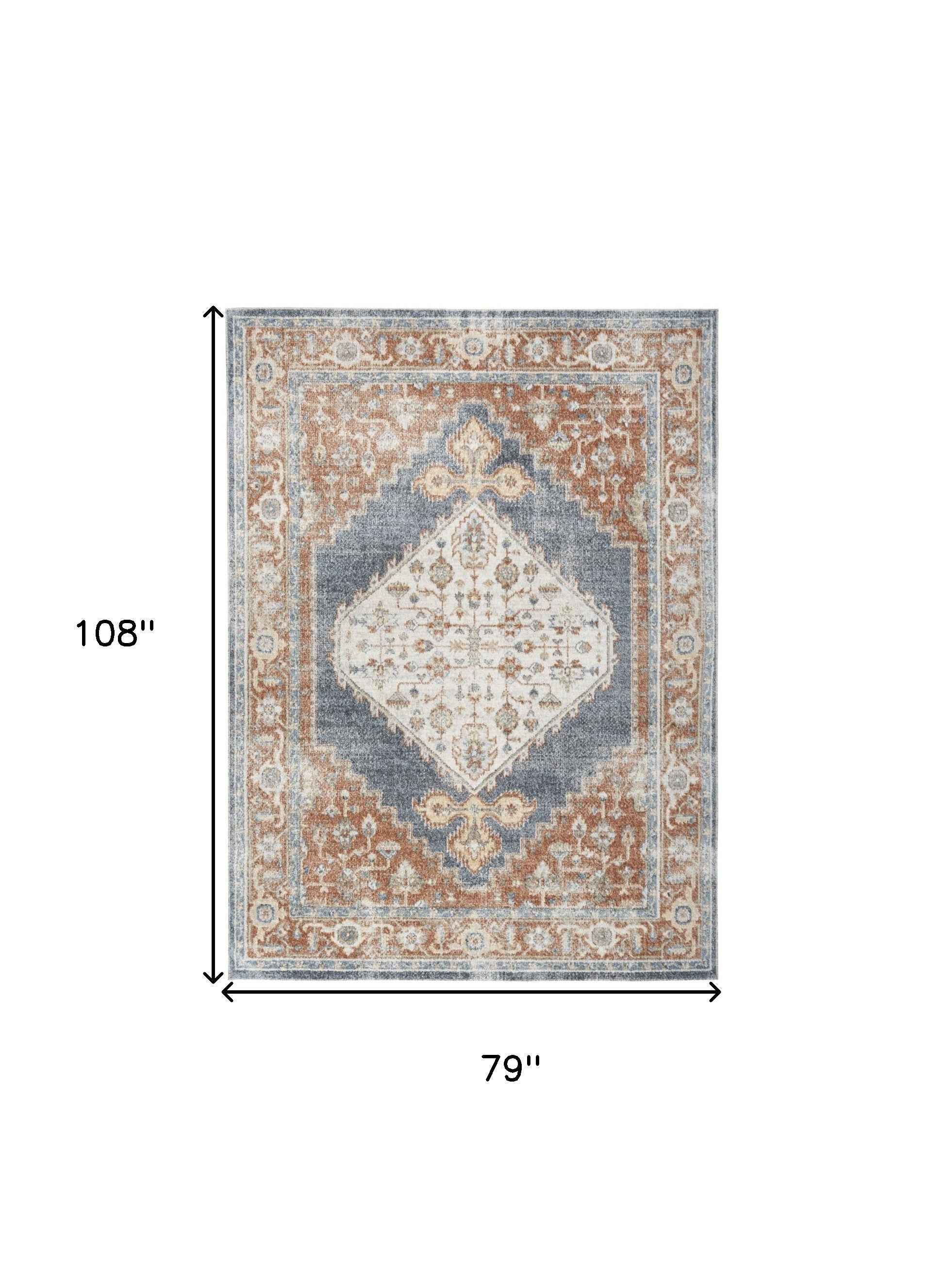 7' X 9' Denim Blue Oriental Power Loom Distressed Washable Area Rug