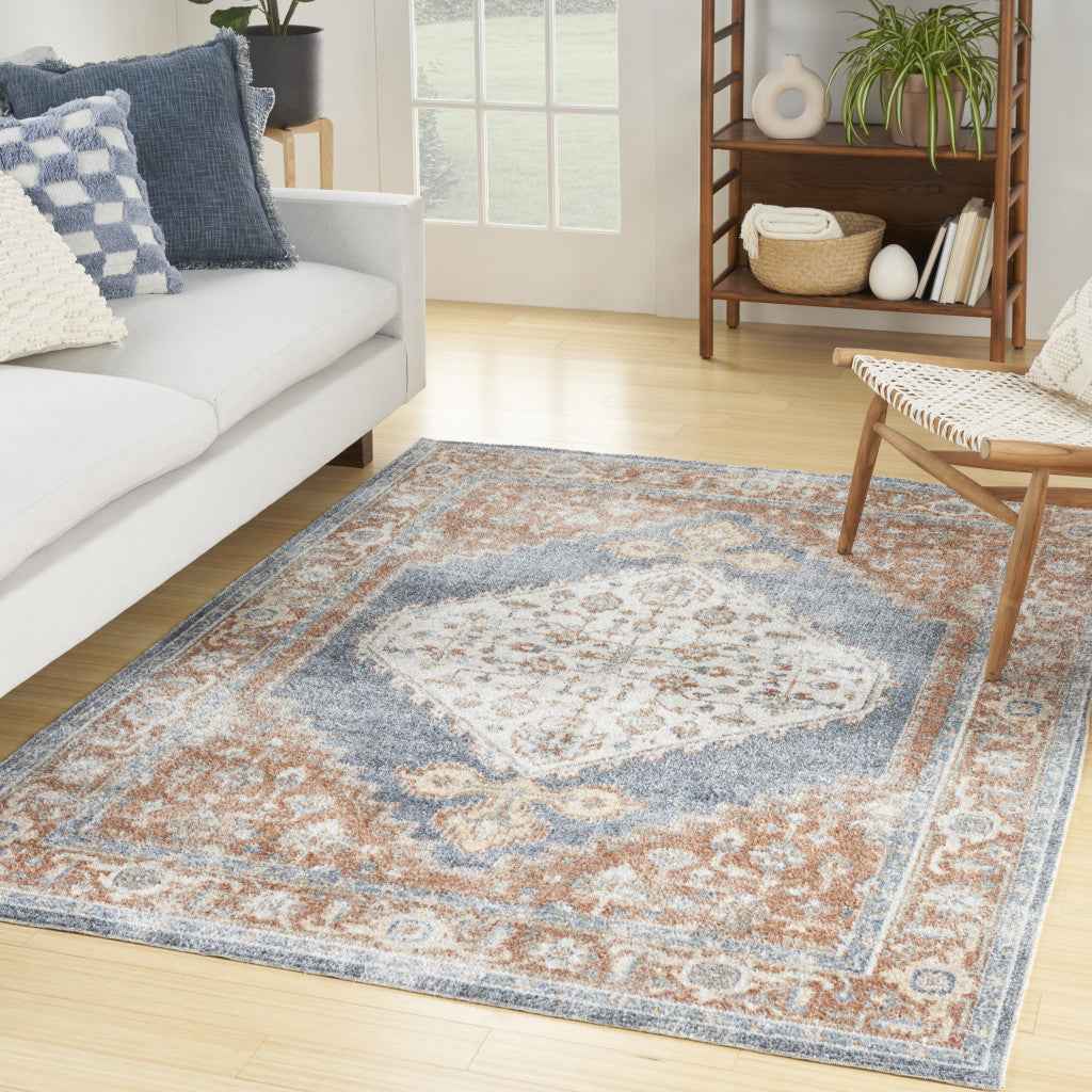 7' X 9' Denim Blue Oriental Power Loom Distressed Washable Area Rug