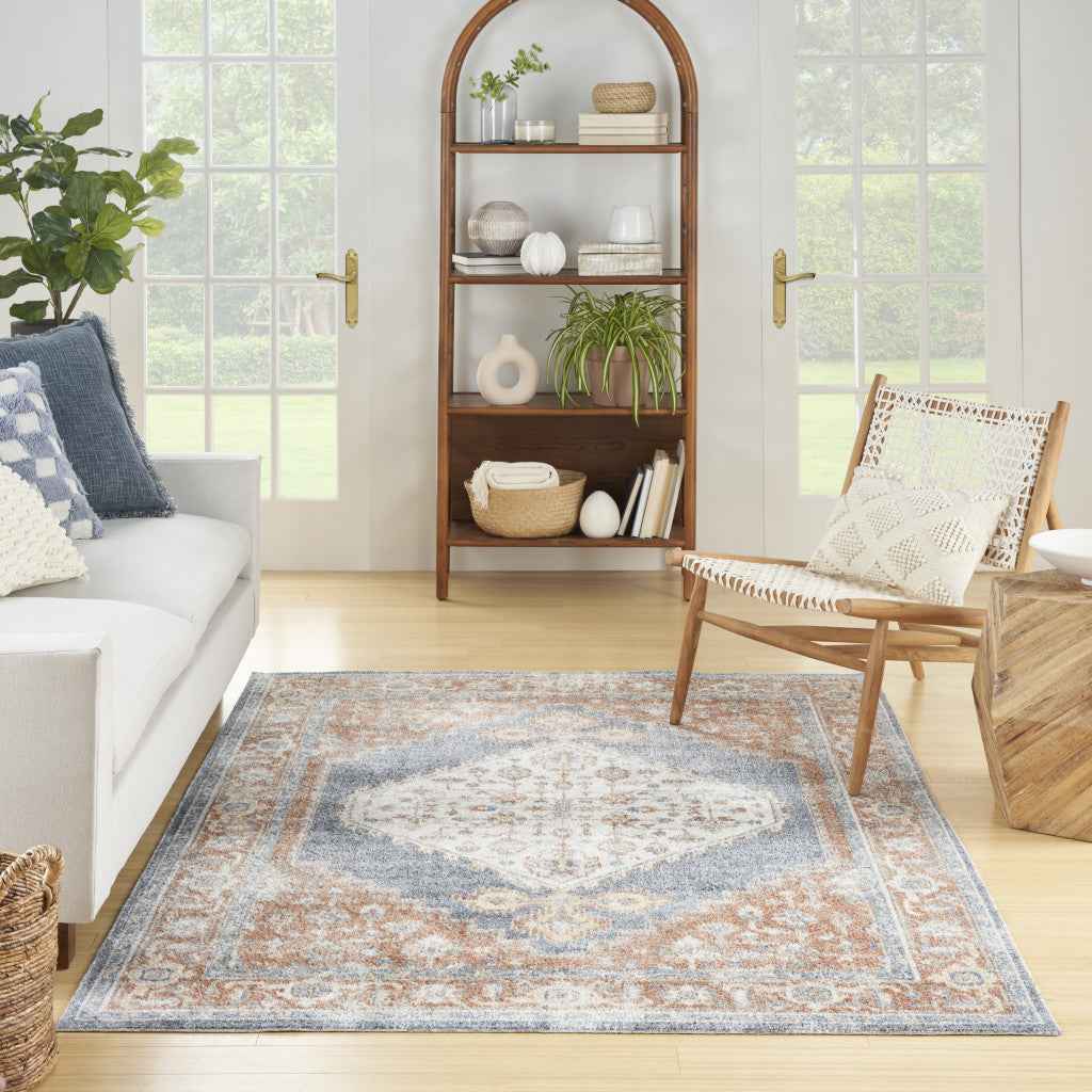 7' X 9' Denim Blue Oriental Power Loom Distressed Washable Area Rug