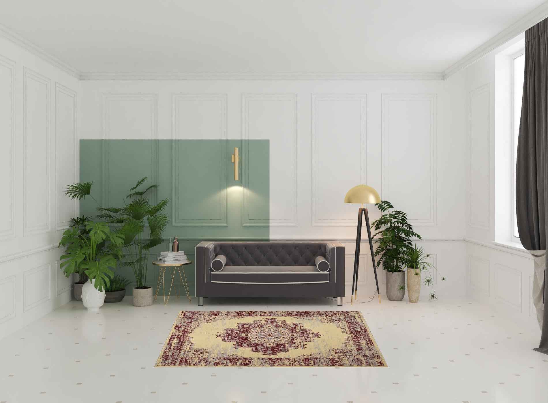 5' X 7' Cream Damask Power Loom Area Rug