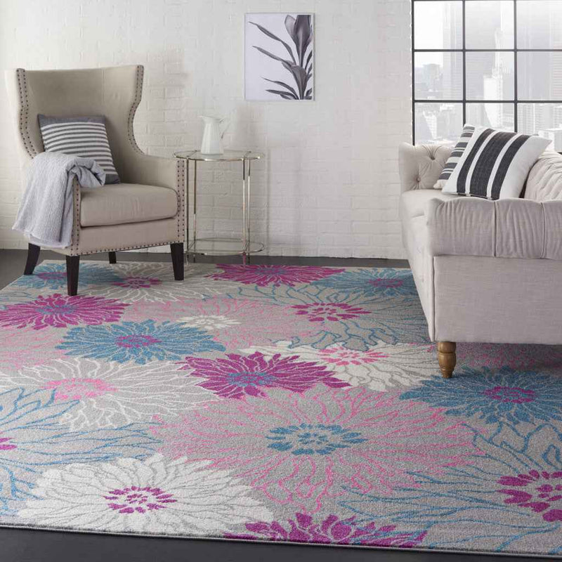 9' x 12' Blue Floral Power Loom Area Rug