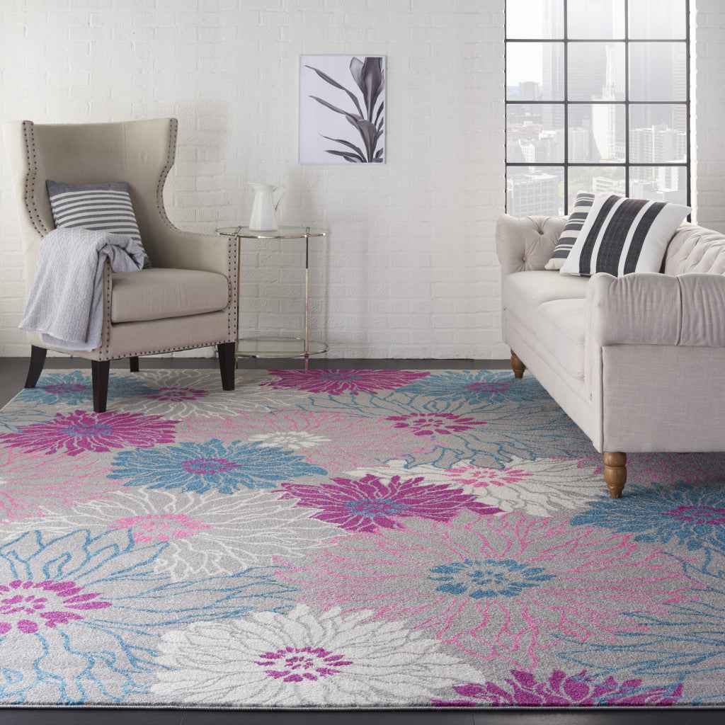 9' x 12' Blue Floral Power Loom Area Rug