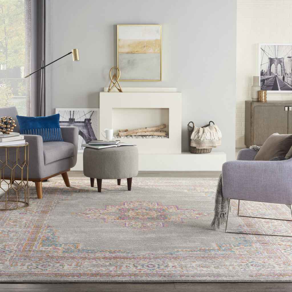 9' x 12' Gray Floral Power Loom Area Rug