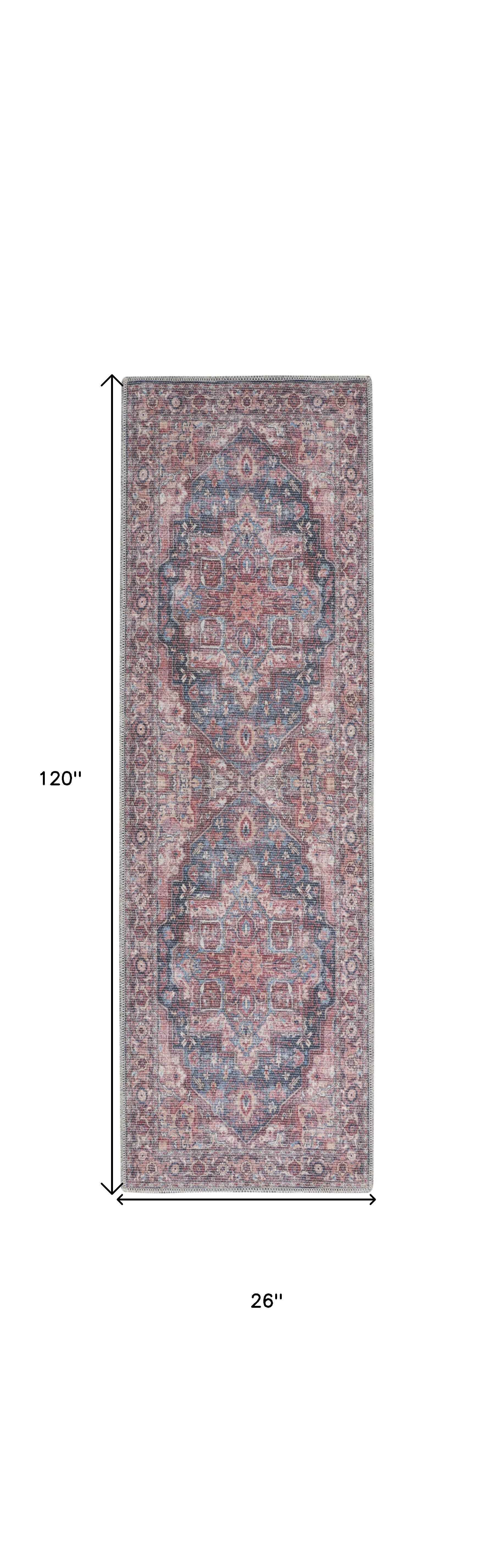 10' Red Floral Power Loom Distressed Washable Runner Rug