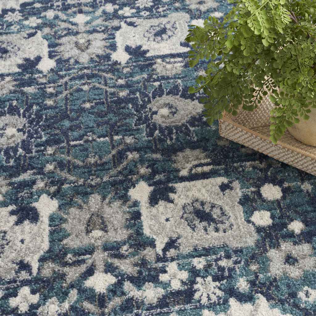 8' X 10' Navy Blue Floral Power Loom Distressed Area Rug