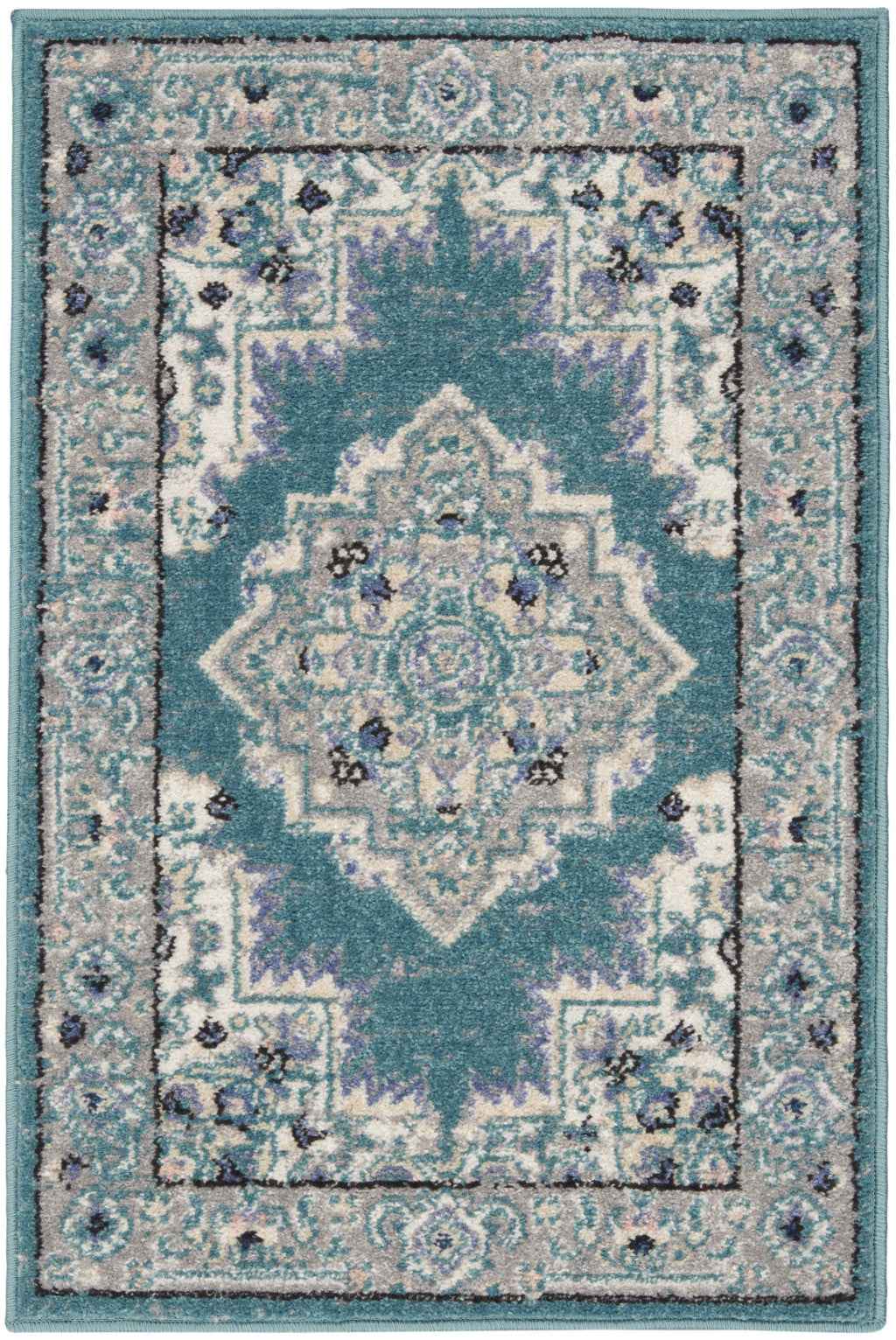 2' X 3' Aqua Floral Power Loom Distressed Area Rug