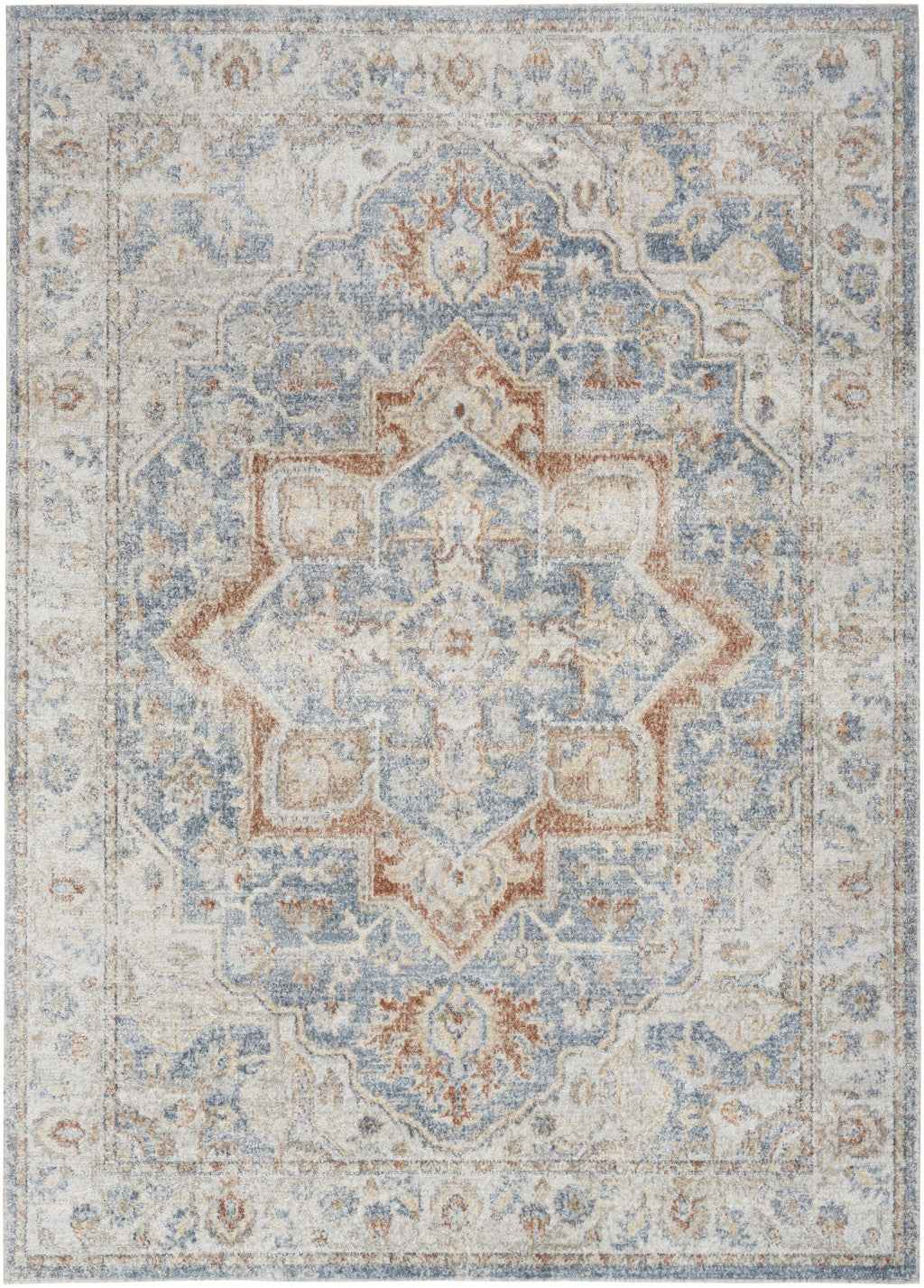 5' x 7' Denim Blue Oriental Power Loom Washable Area Rug