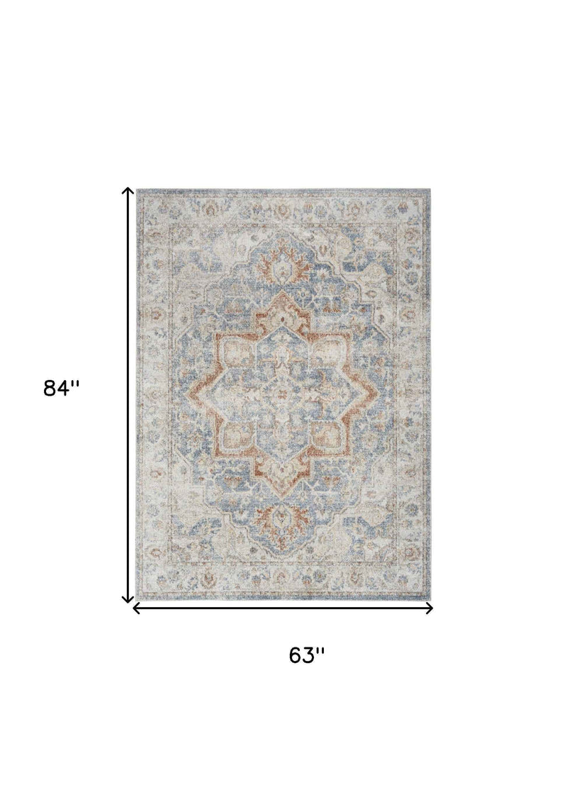 5' x 7' Denim Blue Oriental Power Loom Washable Area Rug