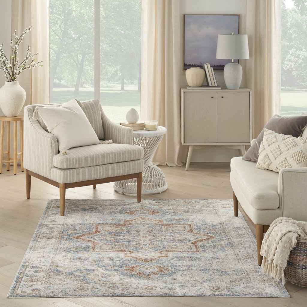 5' x 7' Denim Blue Oriental Power Loom Washable Area Rug