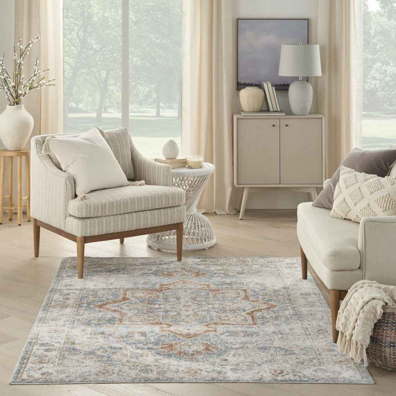 5' x 7' Denim Blue Oriental Power Loom Washable Area Rug