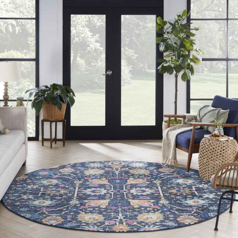 8' Navy Blue Round Floral Power Loom Area Rug