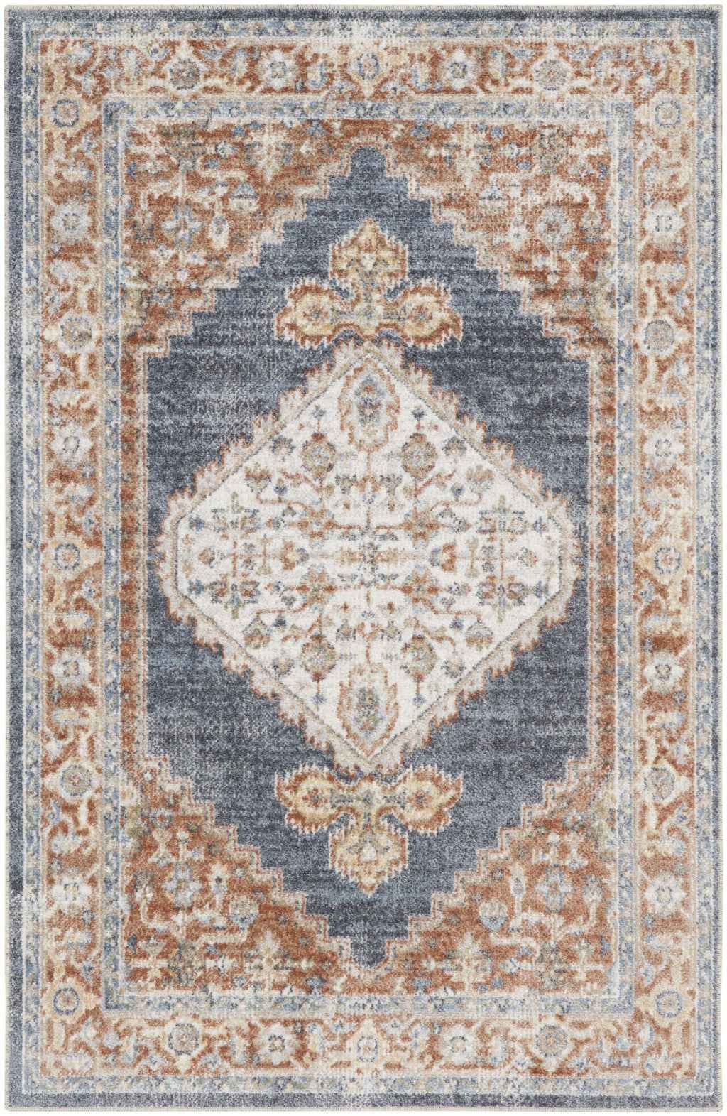4' X 6' Denim Blue Oriental Power Loom Distressed Washable Area Rug