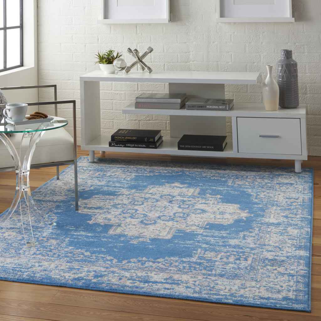 5' X 7' Blue Damask Power Loom Area Rug