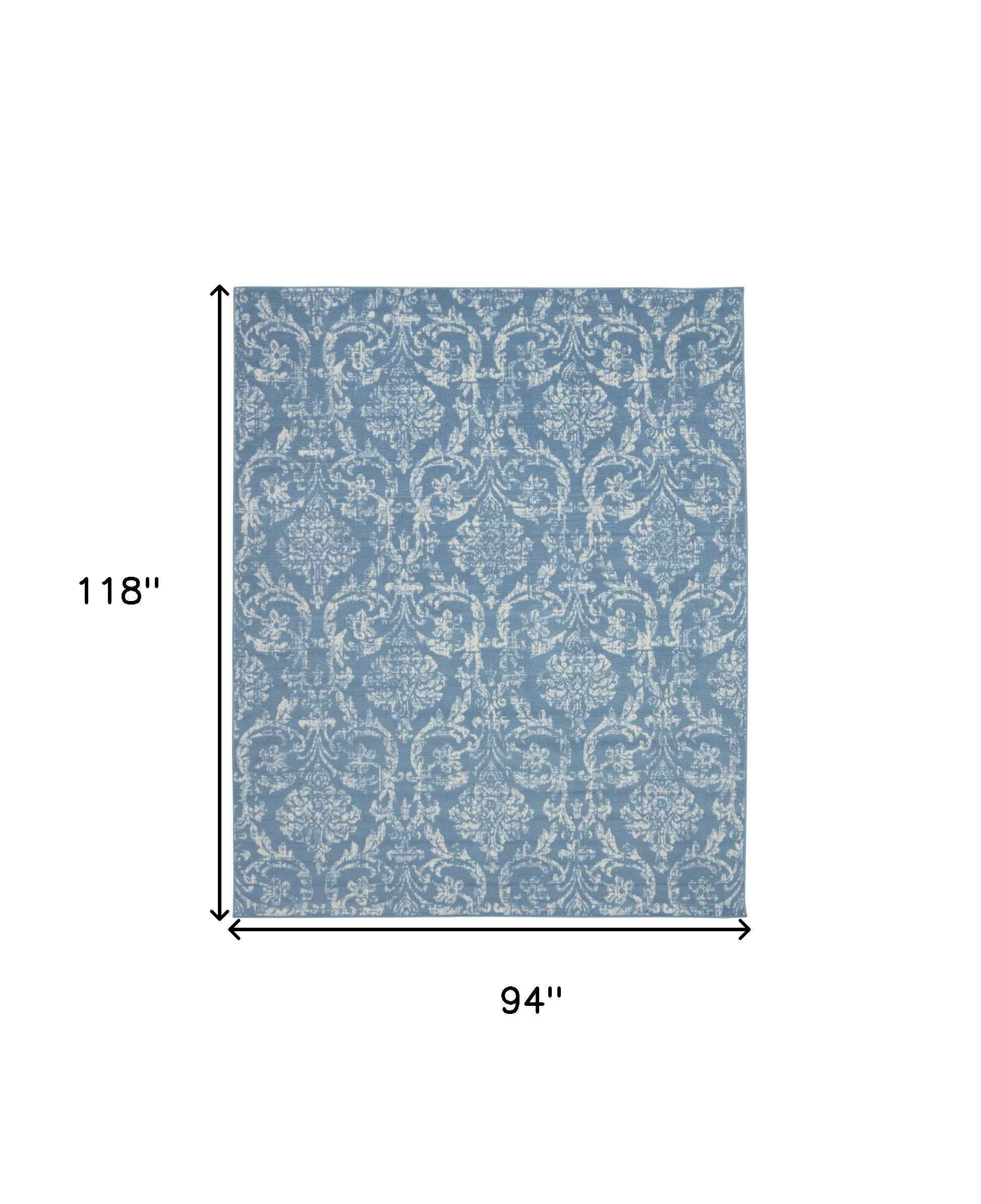 8' X 10' Blue Damask Power Loom Area Rug