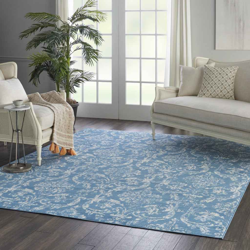 8' X 10' Blue Damask Power Loom Area Rug
