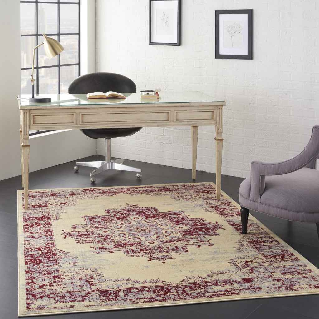 4' X 6' Cream Damask Power Loom Area Rug