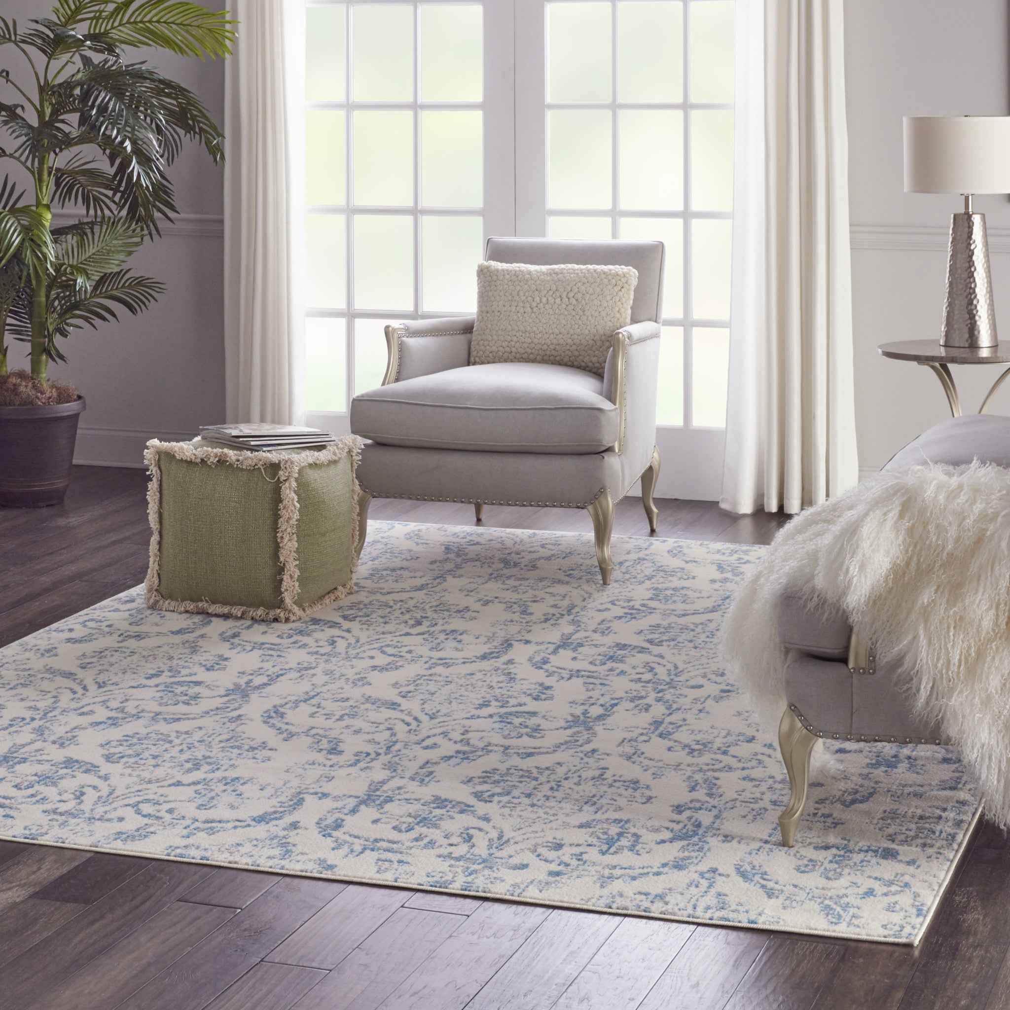 8' x 10' Cream Damask Power Loom Non Skid Area Rug
