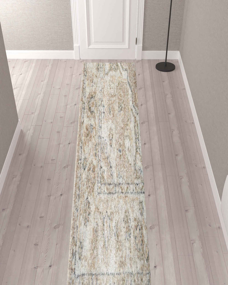 12' Beige Oriental Power Loom Washable Runner Rug