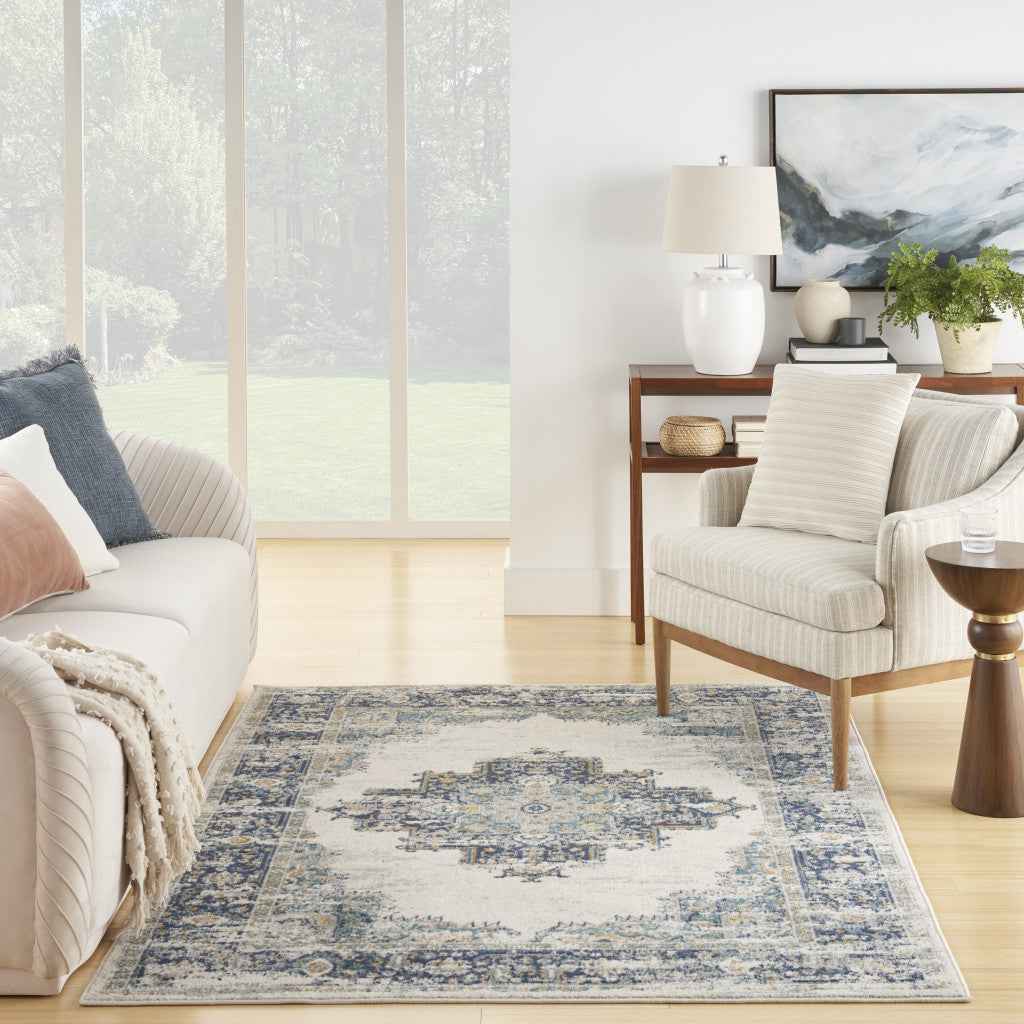 8' X 10' Cream Floral Power Loom Distressed Area Rug