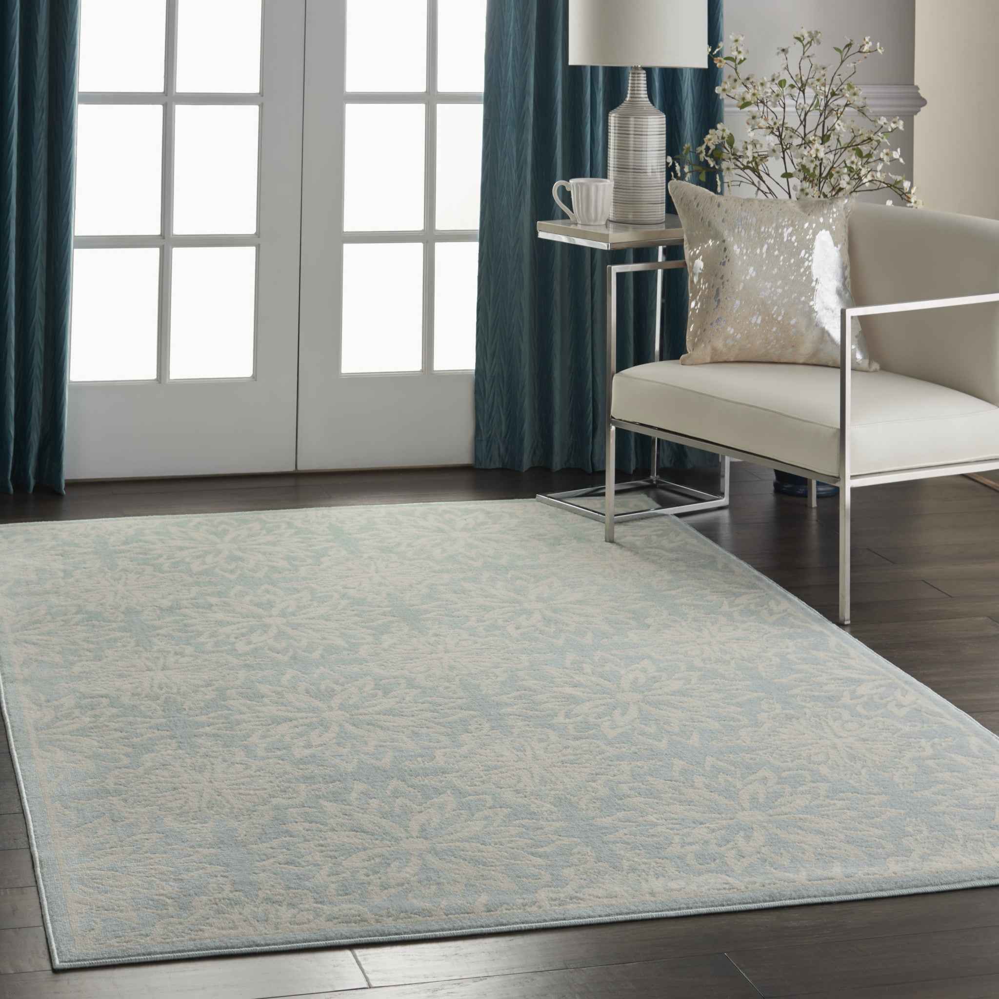 4' X 6' Aqua Floral Power Loom Area Rug