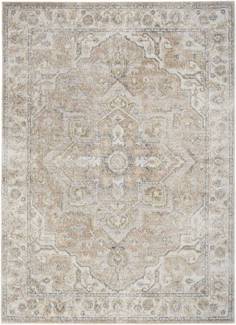 5' X 7' Beige Oriental Power Loom Washable Area Rug