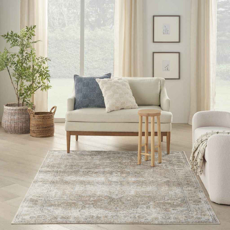 5' X 7' Beige Oriental Power Loom Washable Area Rug